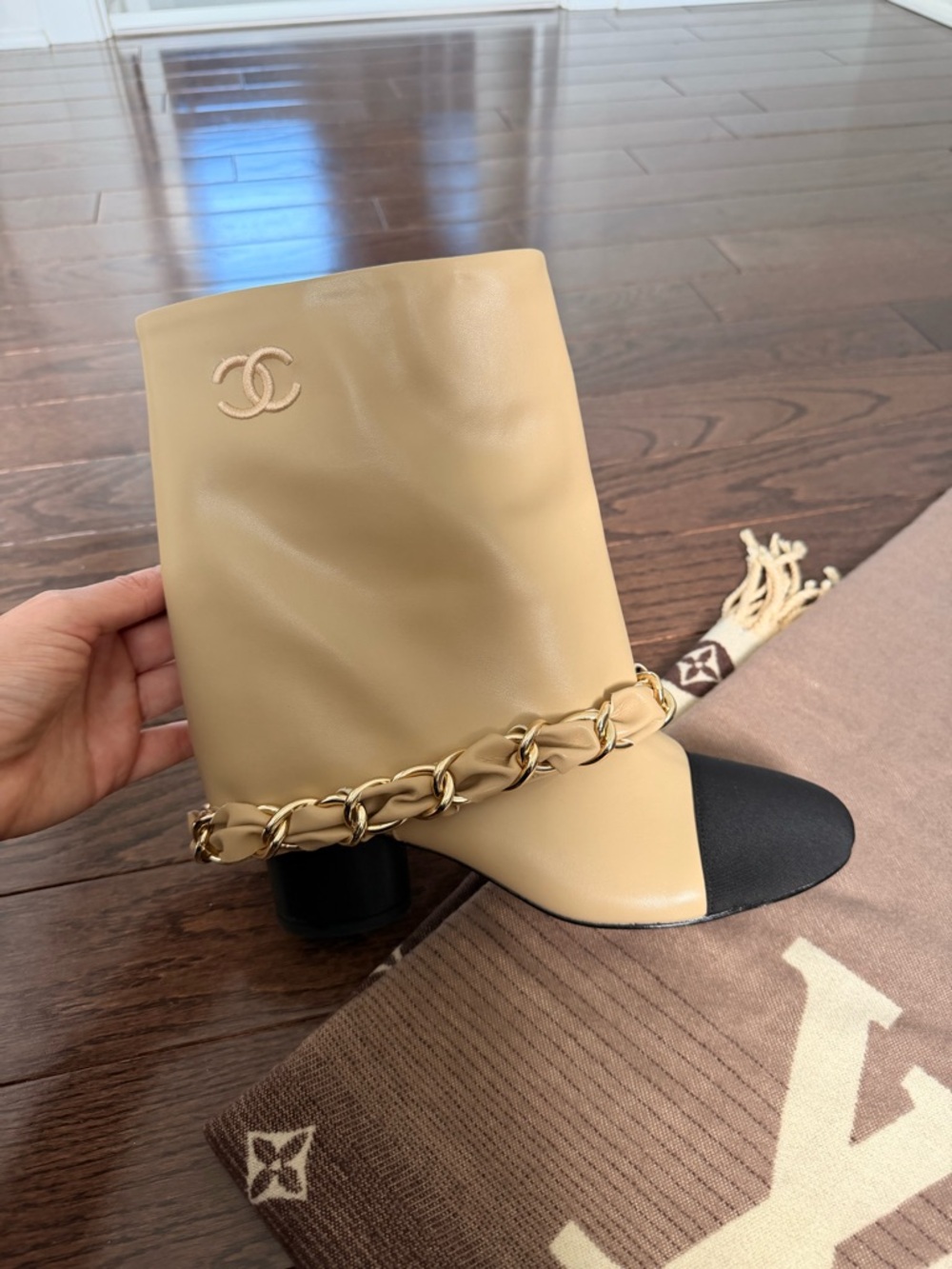 CHANEL Beige Leather Mid-Calf Boots with Black Cap Toe & Gold Chain - Picture 6 of 9